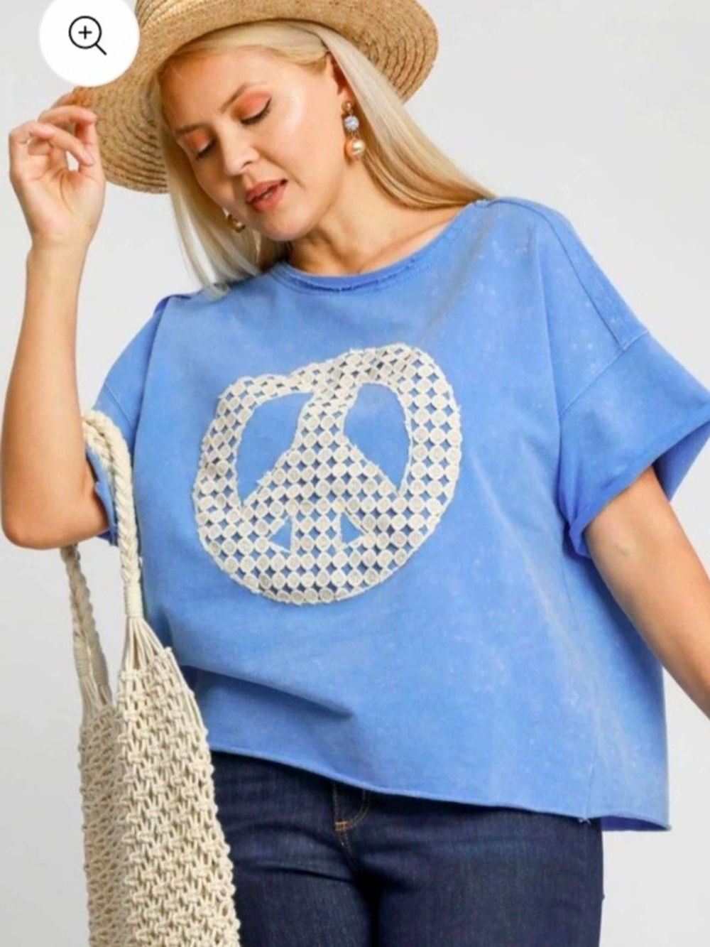 Umgee Blue Boxy Tee with Cream Peace Graphic